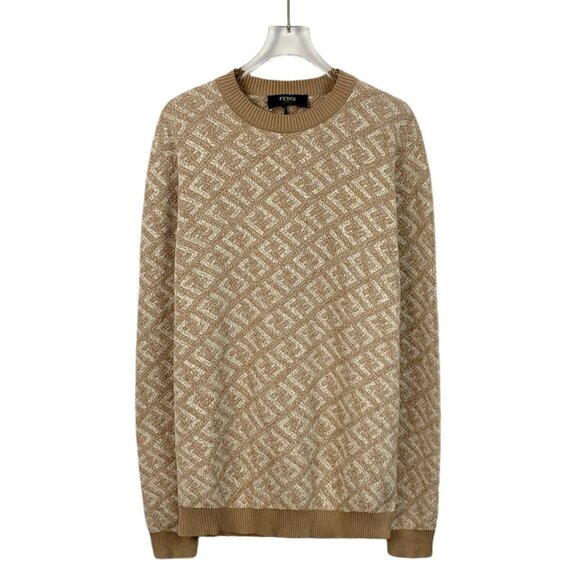 Fendi Mens Cotton Beige Geometric Pattern Crew Neck Sweater Size 50 - Picture 1 of 7